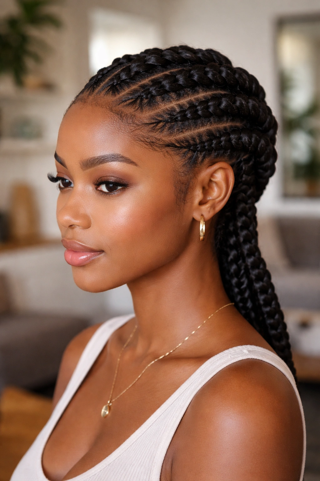 Close-up of a real woman with flat twists and cornrow edge detailing