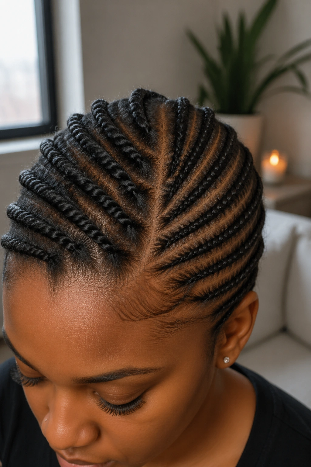 Close-up portrait of a real person showing flat twists on one side and cornrows on the other to illustrate differences