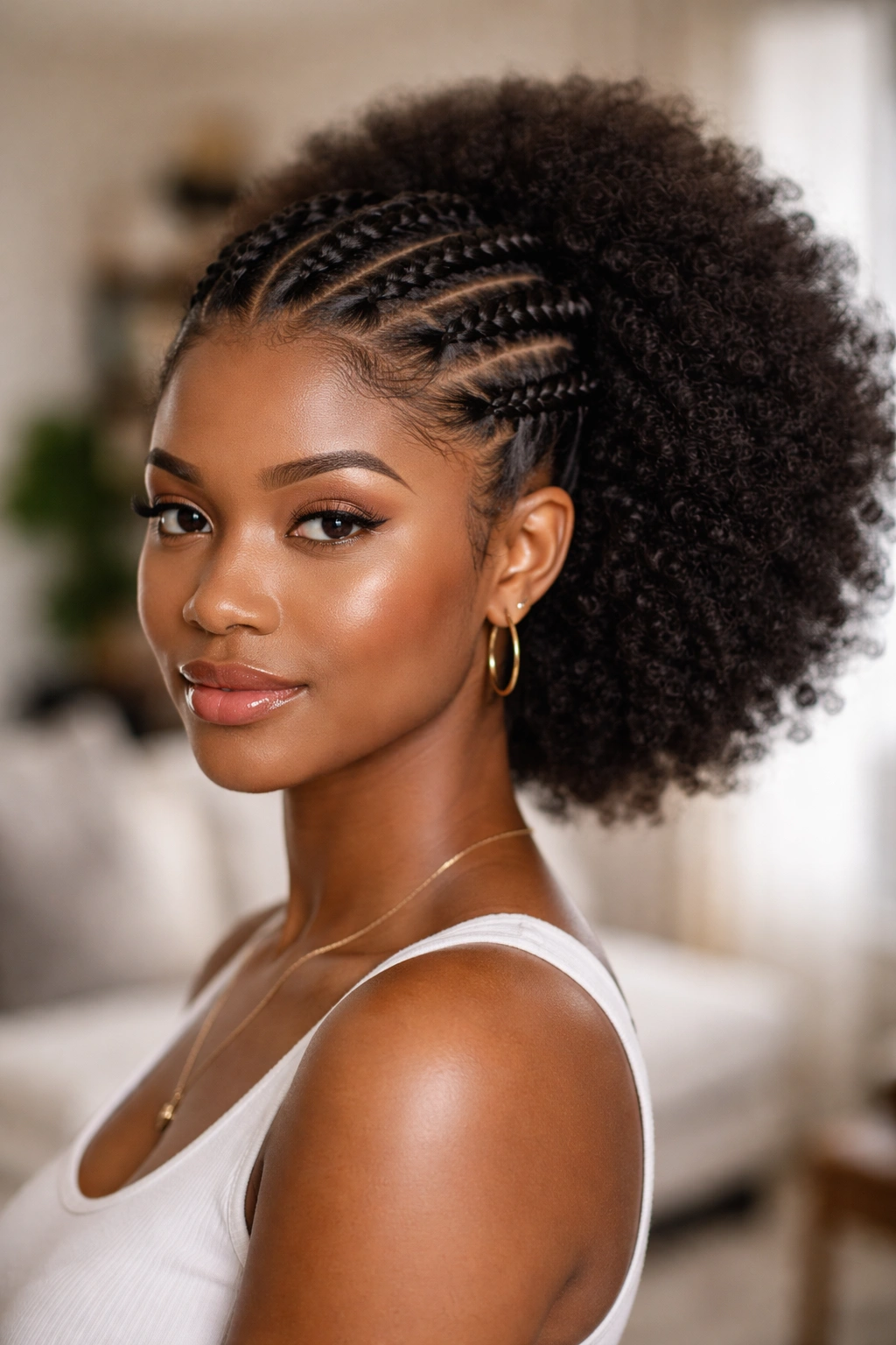 Portrait of a real woman with front flat twists and an afro back.