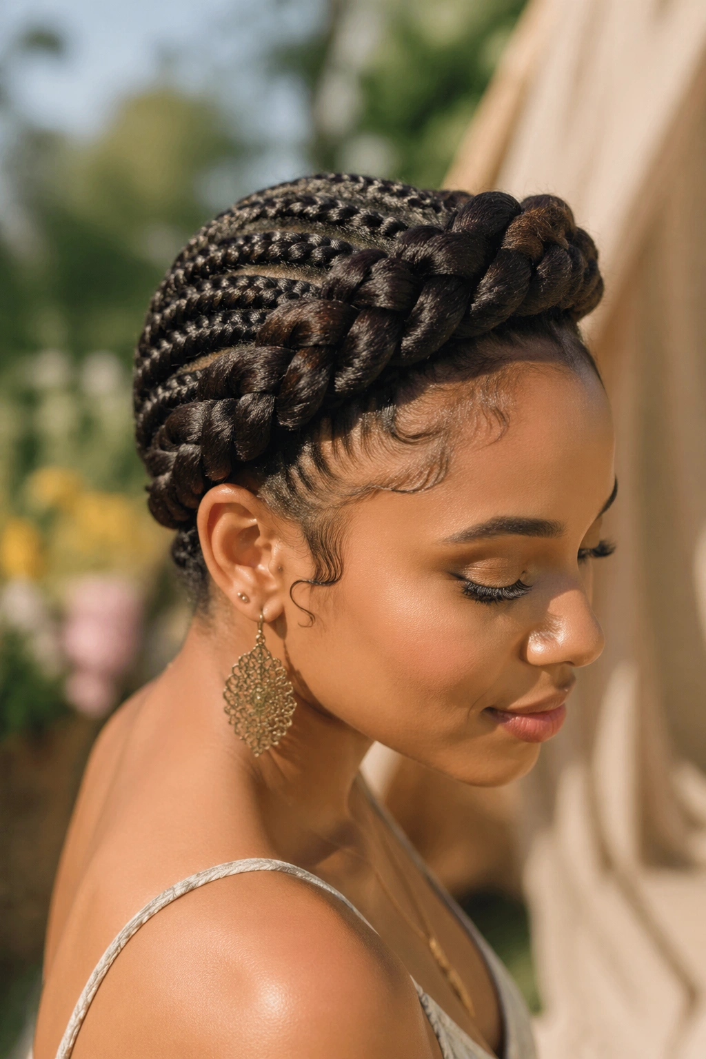 Head-and-shoulders portrait of a real woman with flat twists transitioning into a crown braid