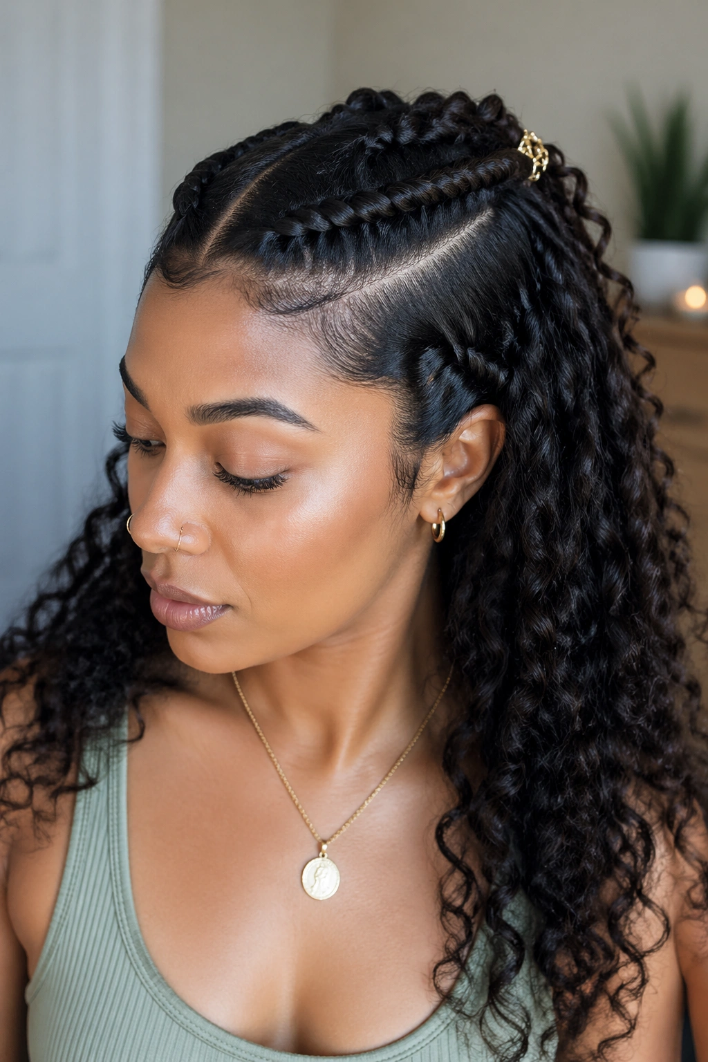 Close-up portrait of a real woman with two flat twists converging at the crown