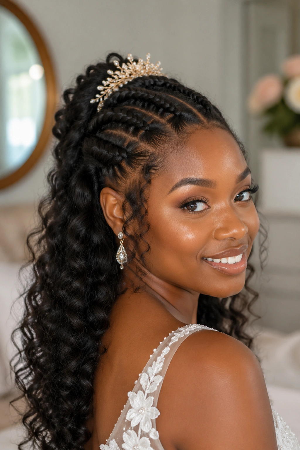 Side portrait of a real bride with flat twist crown and flowing curls