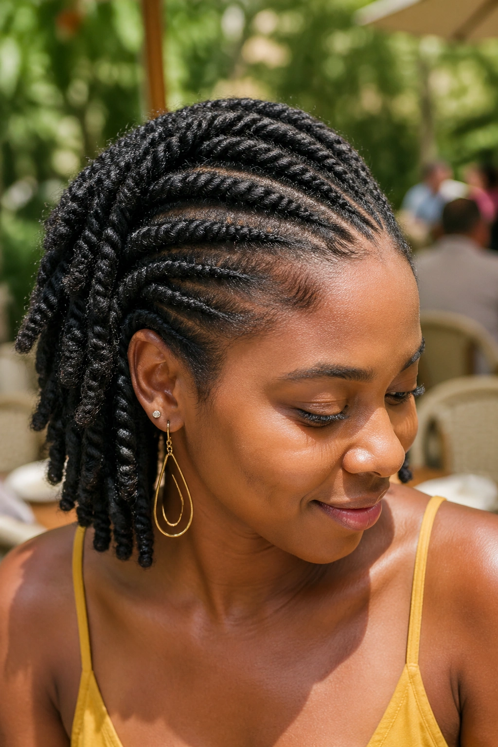Close-up of a real person with flat twists across the crown in outdoor cafe light
