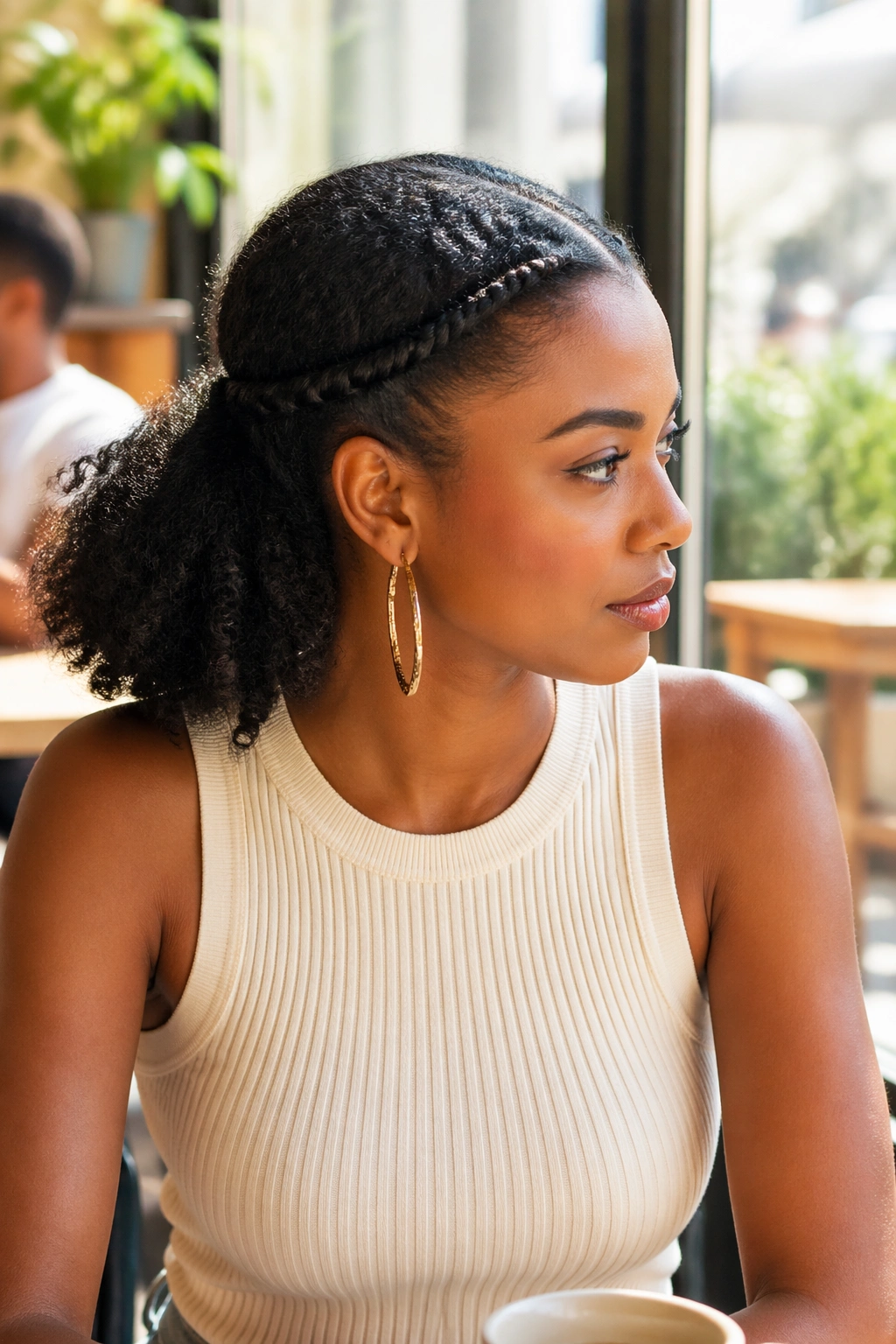 Wide shot of flat-twist crown low ponytail at cafe