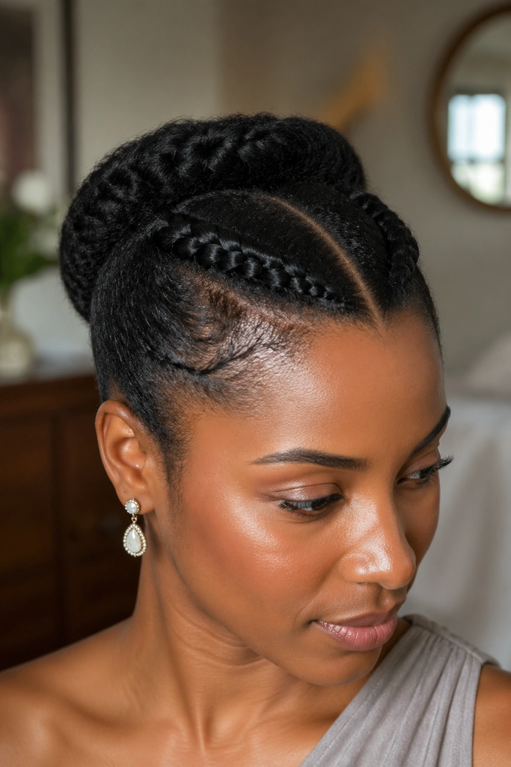 Close-up of a woman with crown flat twists rolled into a roll at the crown.