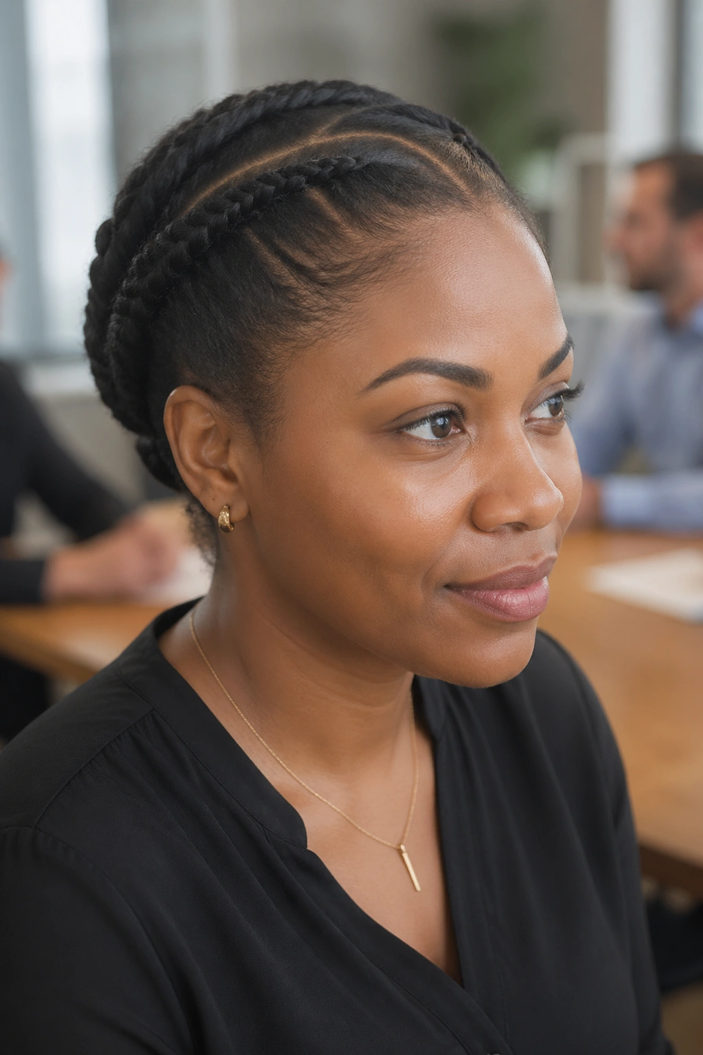Portrait of a real woman with flat twist crown in an office setting