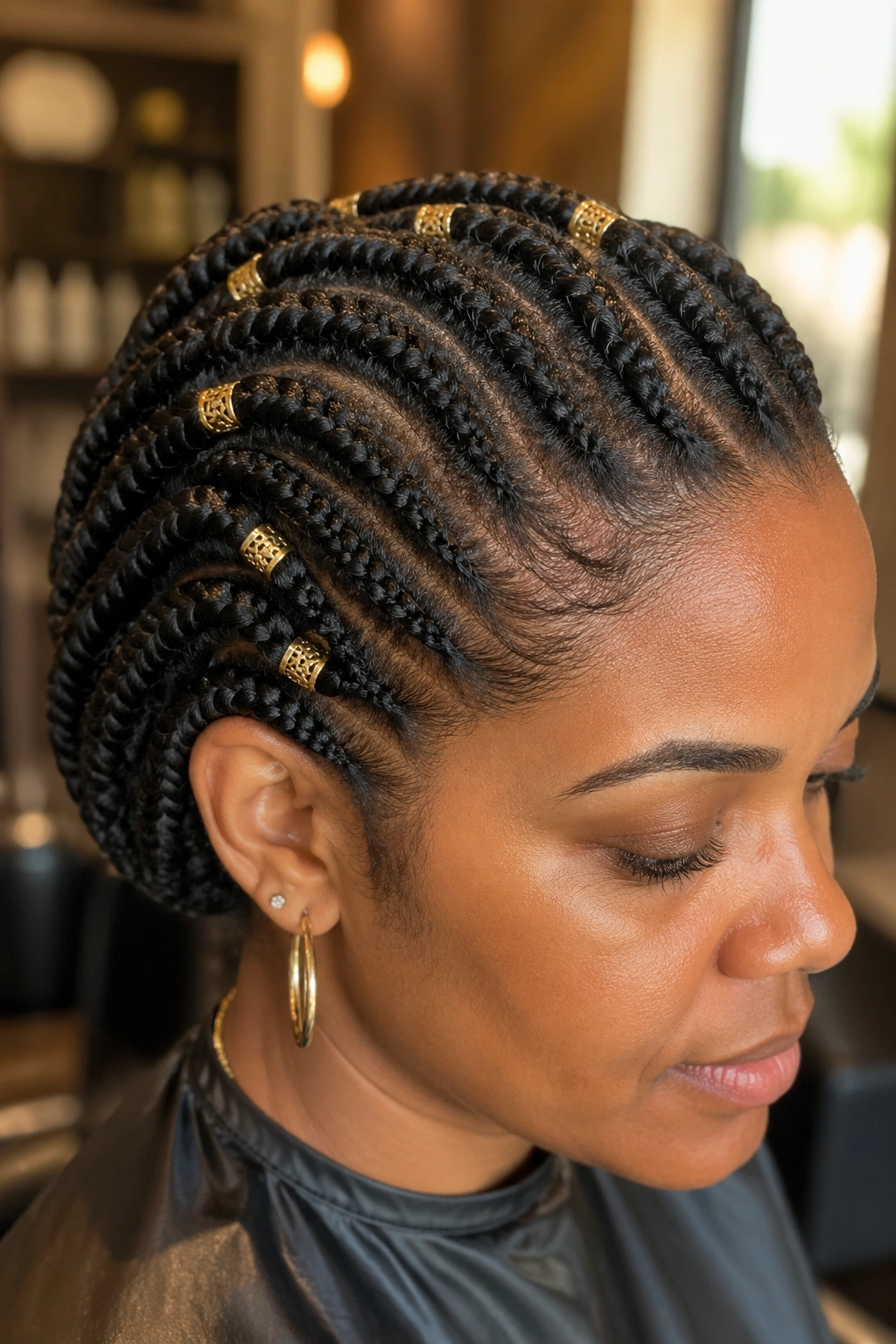 Close-up of flat twists with hair jewelry cuffs on a real person in a salon