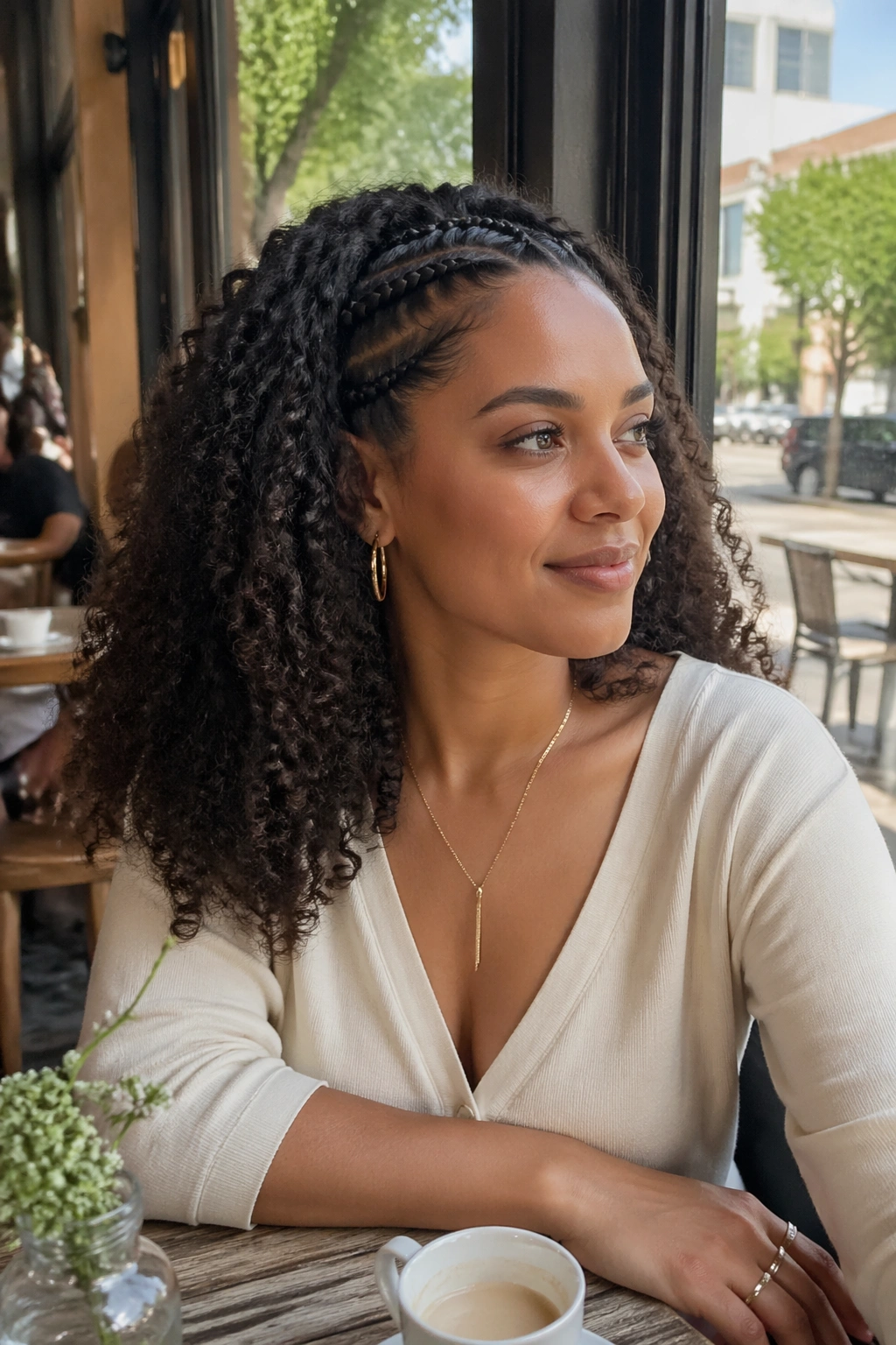 Wide cafe lifestyle shot of flat-twist headband style on curly hair.