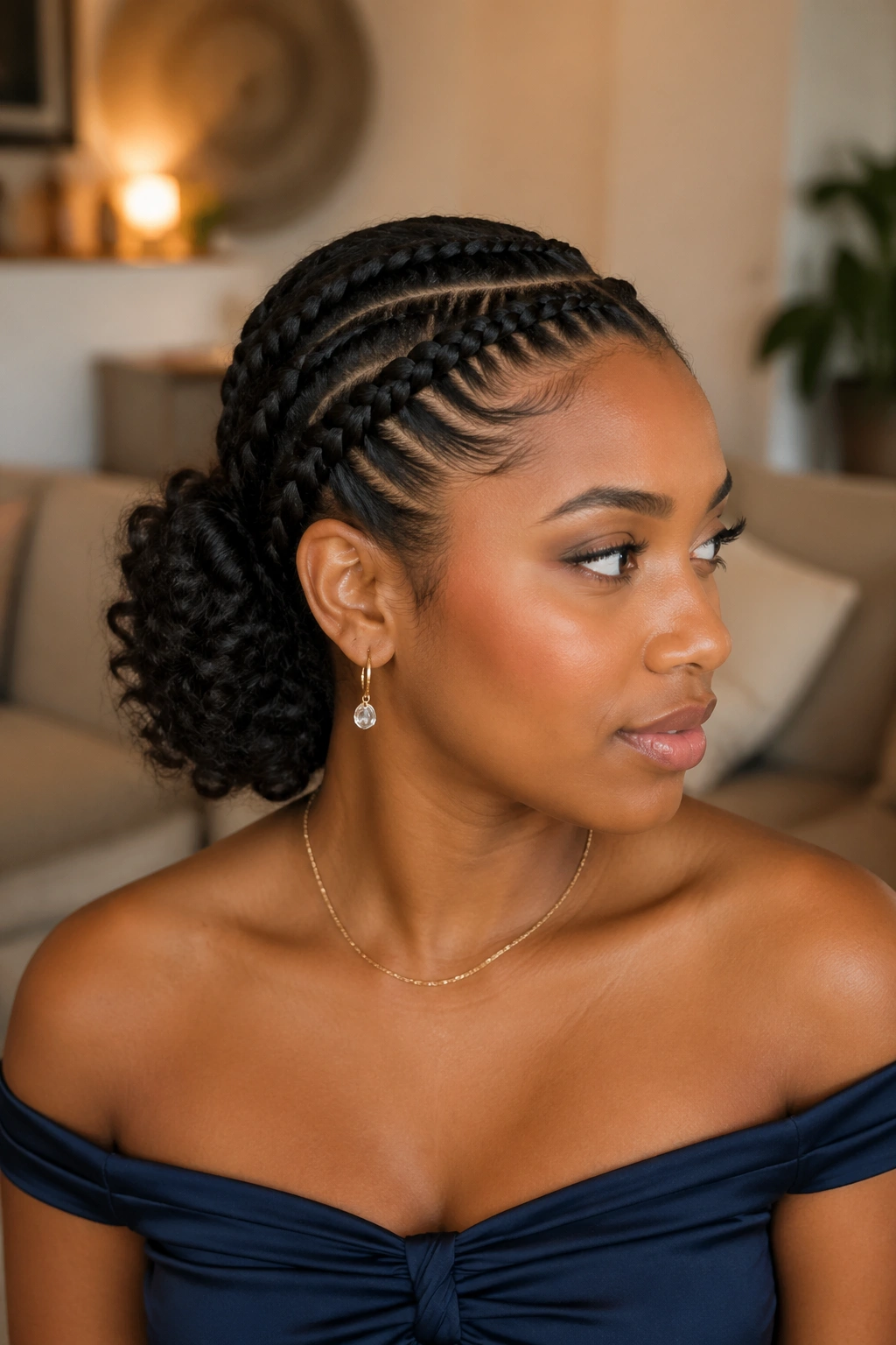 Three-quarter portrait of double flat twists forming a curly bun on a real person in a cozy living room.