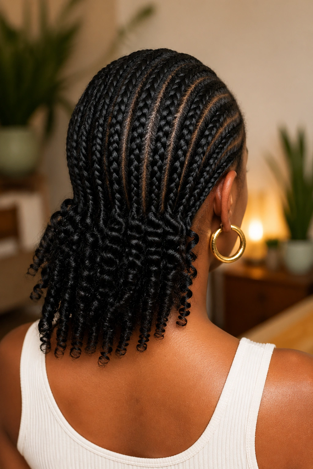 Back-of-head view of real woman with flat twists and curly ends