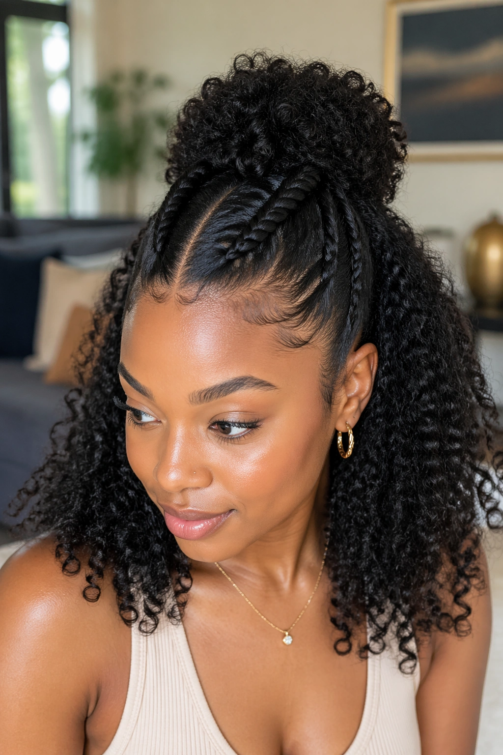 Portrait of a real woman with flat twists forming a curly puff.