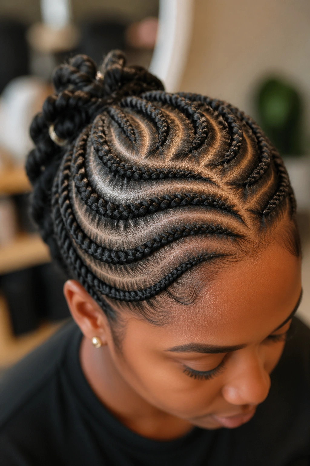 Close-up of a real person showing curved flat twists along the scalp.