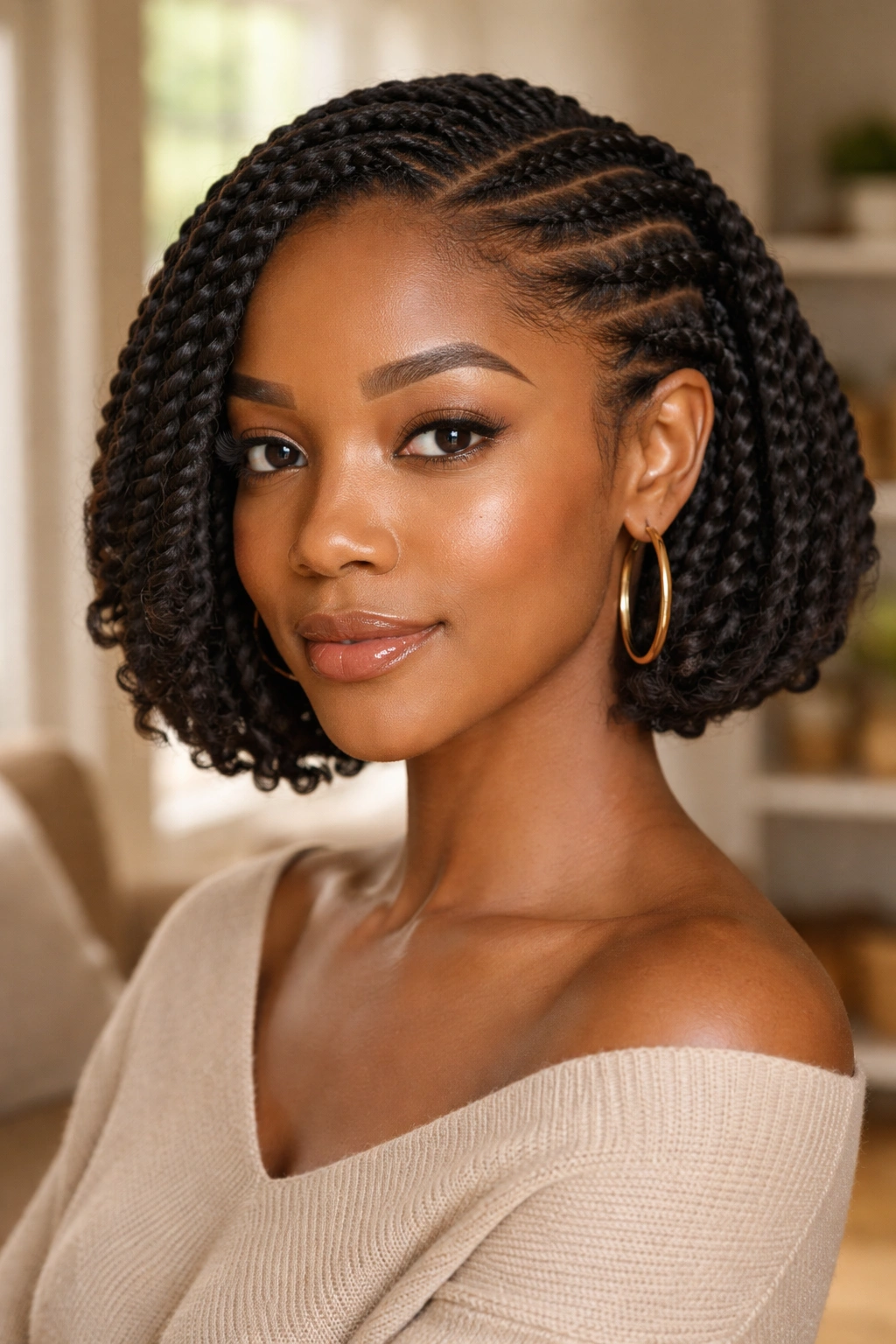 Close-up of a real woman with flat twists tucked into a faux bob (chin-length silhouette)