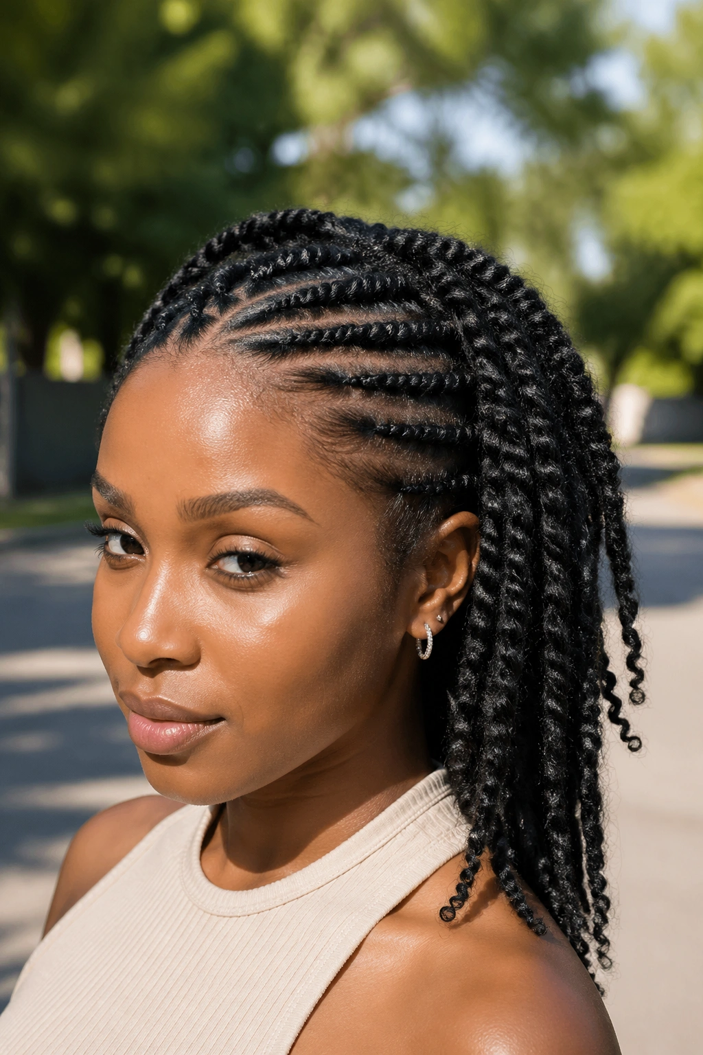 Portrait of a real person with front flat twists and back free twists in bright outdoor light