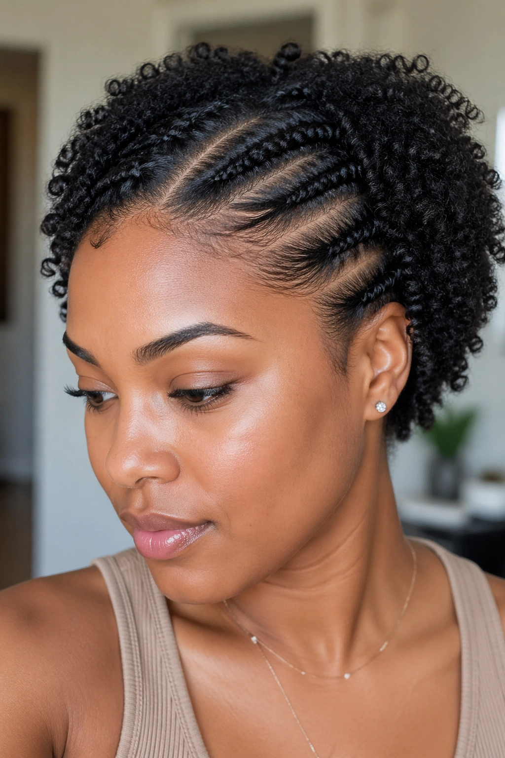 Close-up portrait of a real woman with flat twists along the front hairline.
