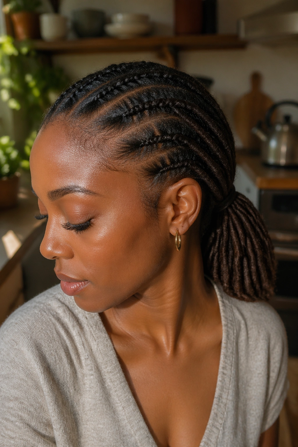 Portrait showing front flat twists leading into a low ponytail on a real person.