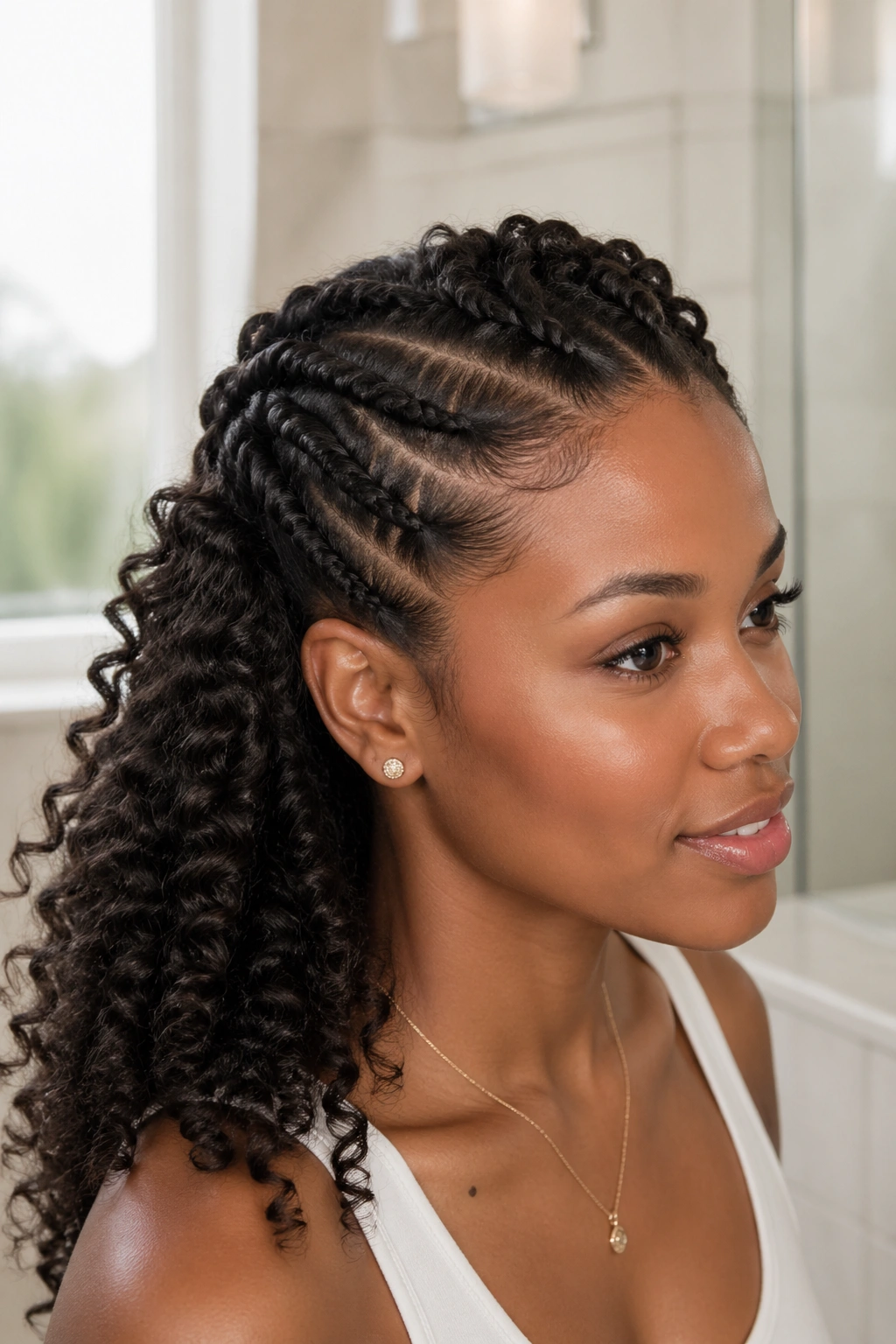 Close-up of a real person with flat twists along the hairline to crown and loose back curls