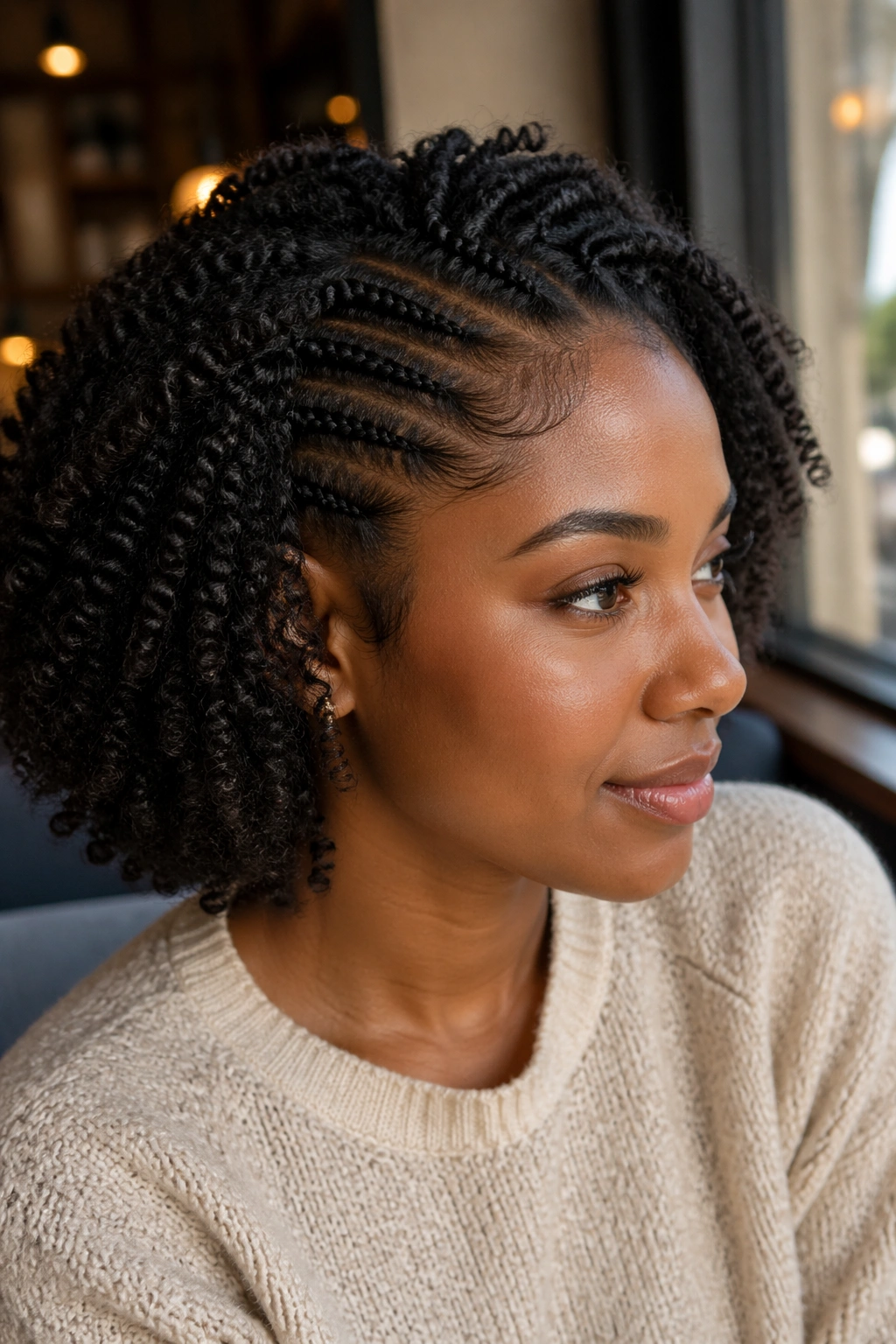 Close-up of real woman with sleek flat twists at the hairline