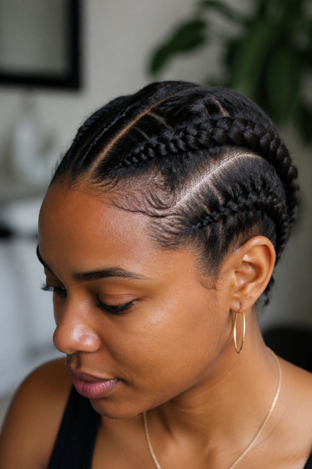 Close-up of a real woman with flat twists along the scalp