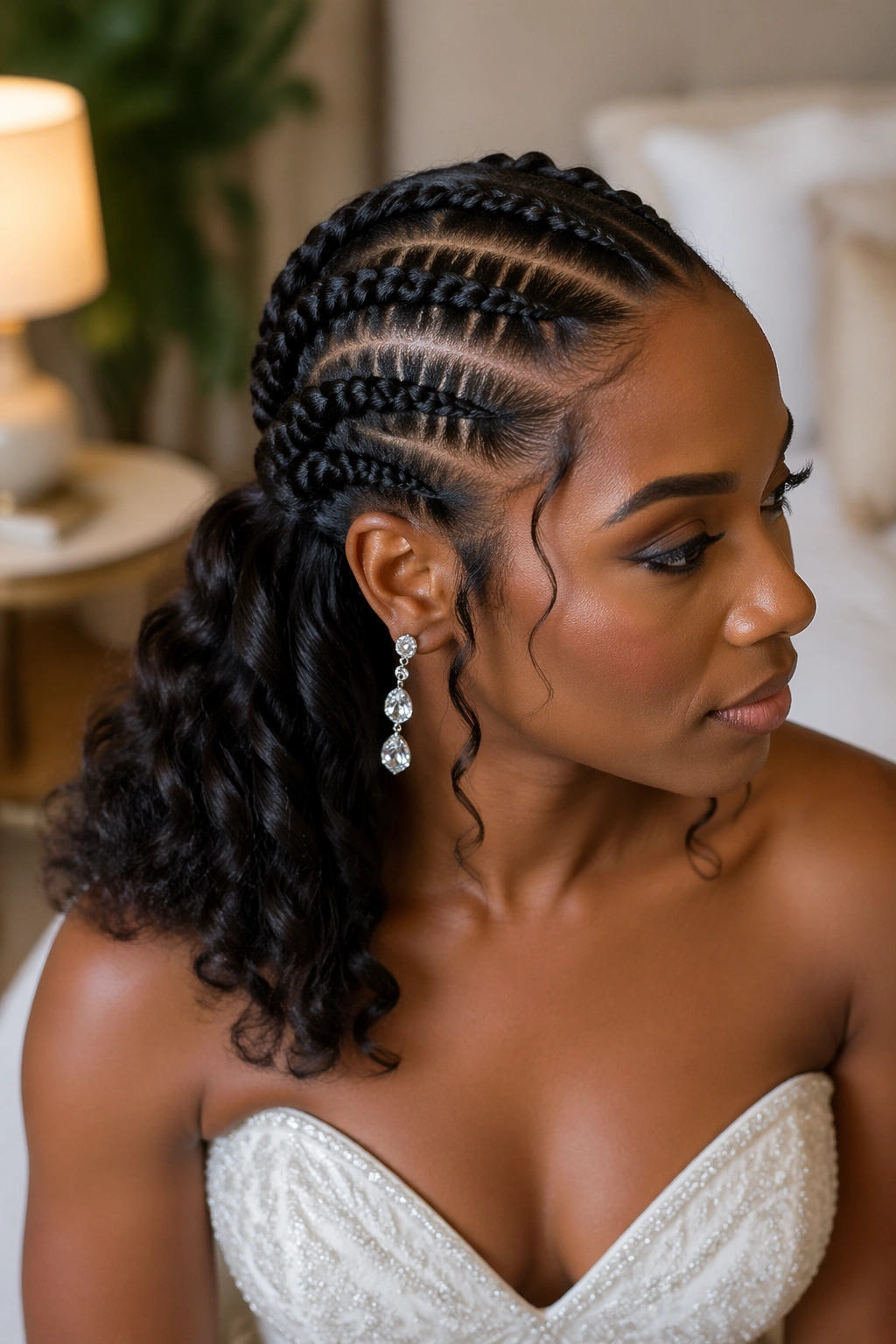 Close-up of bride with flat twists into a low half pony hairstyle