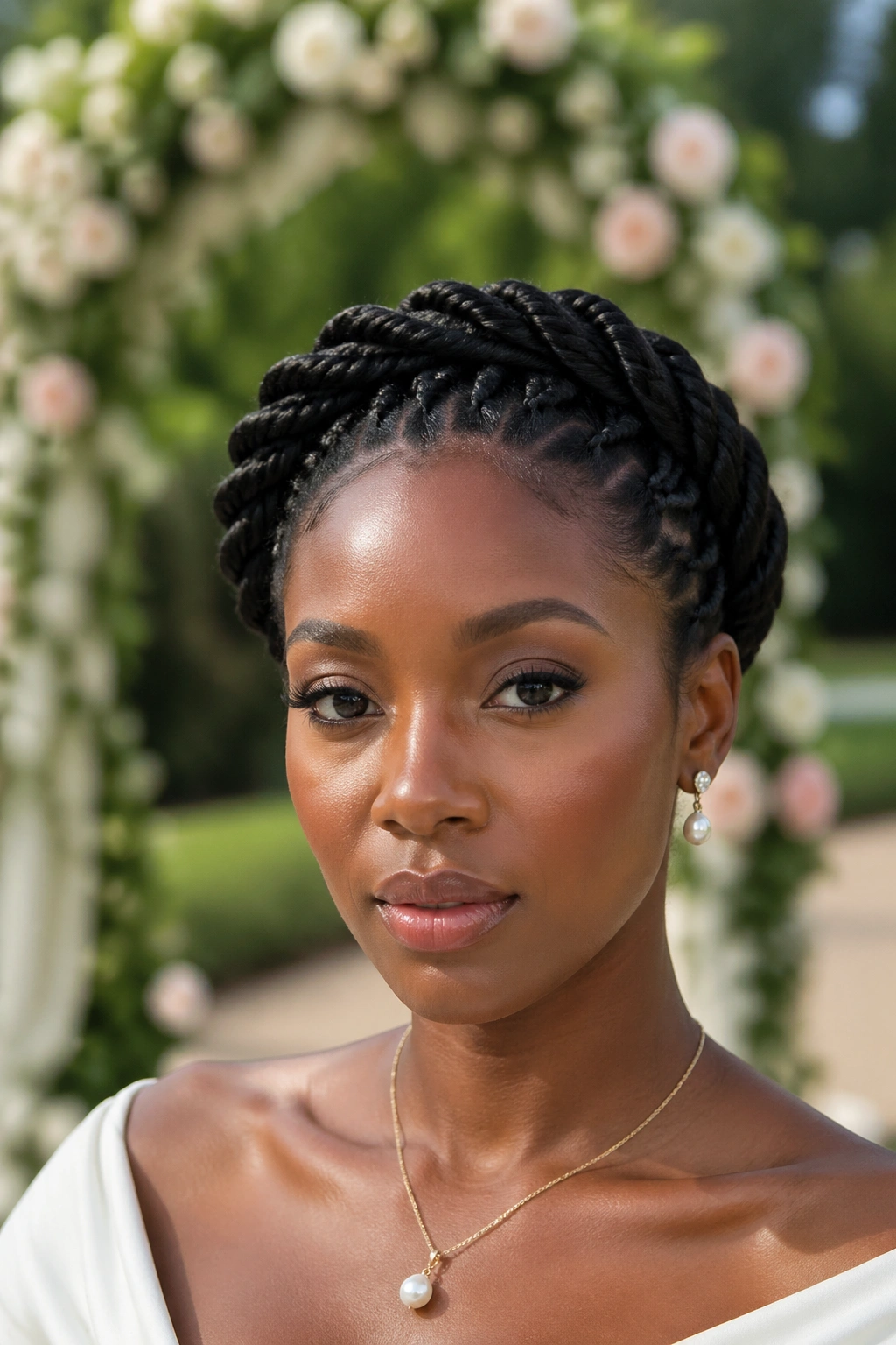 Close-up of a real woman with a circular flat twist halo around the crown