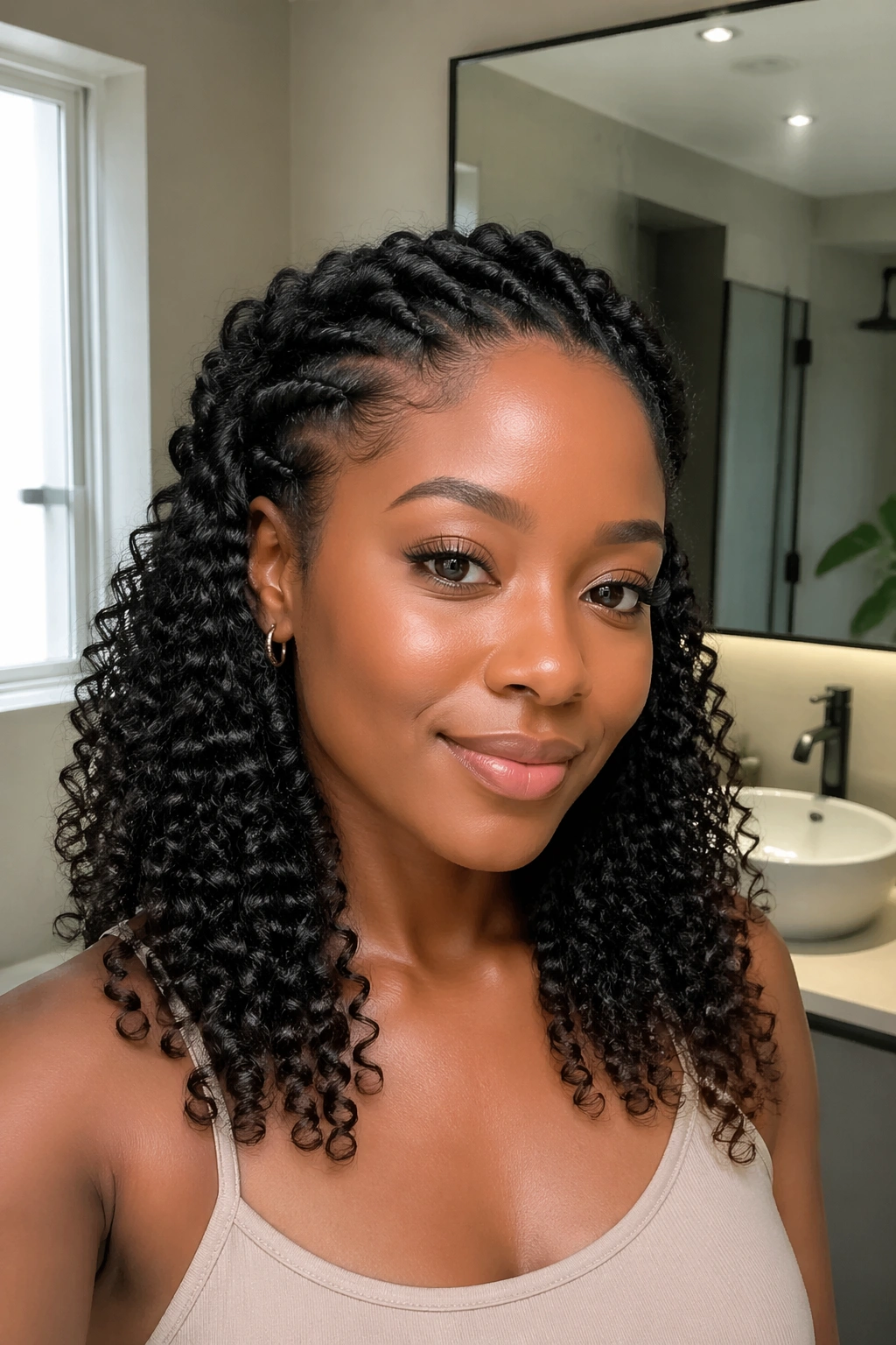 Close-up of a real woman with flat twist halo and defined curls