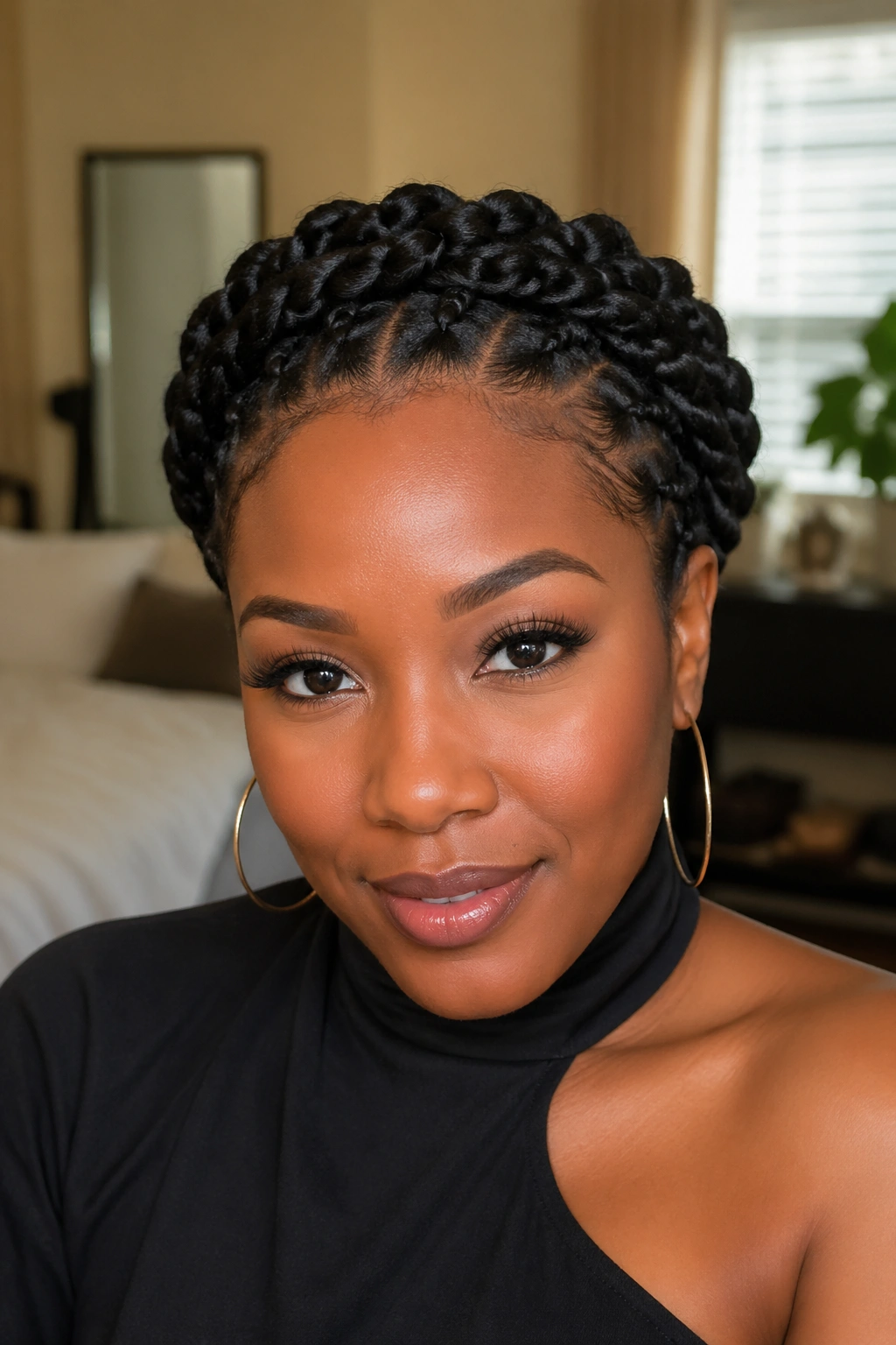 Close-up of a real woman wearing a halo of flat twists on top