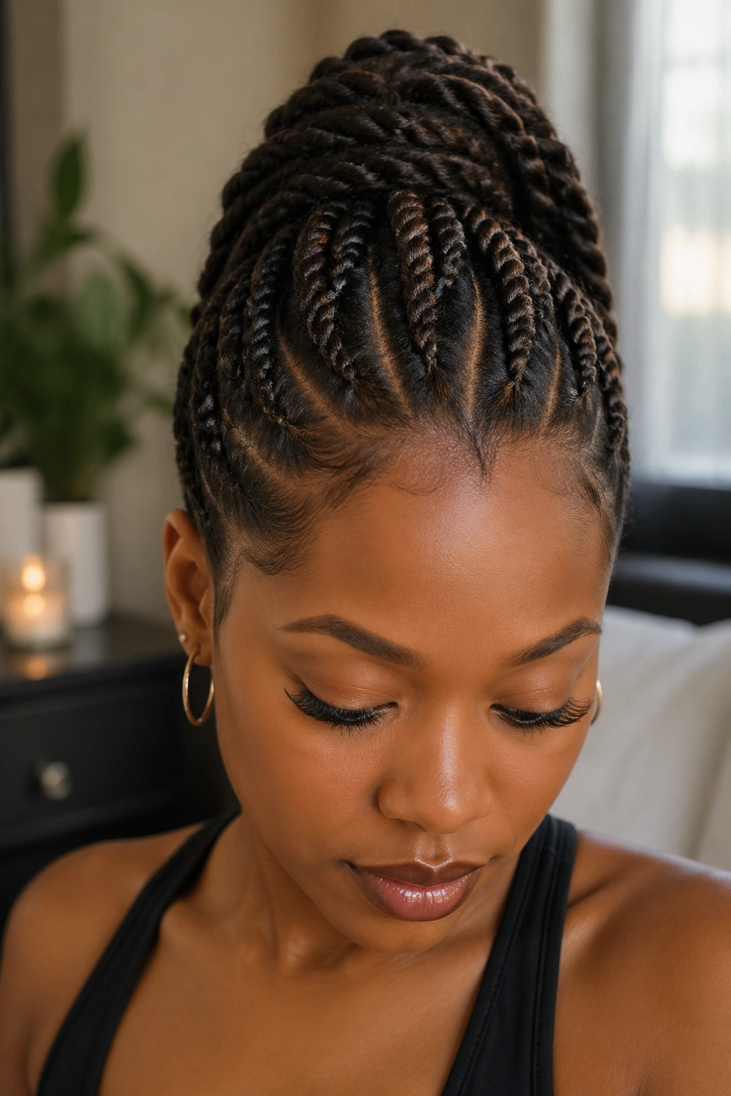 Close-up of a real person with a high ponytail made from flat twists.