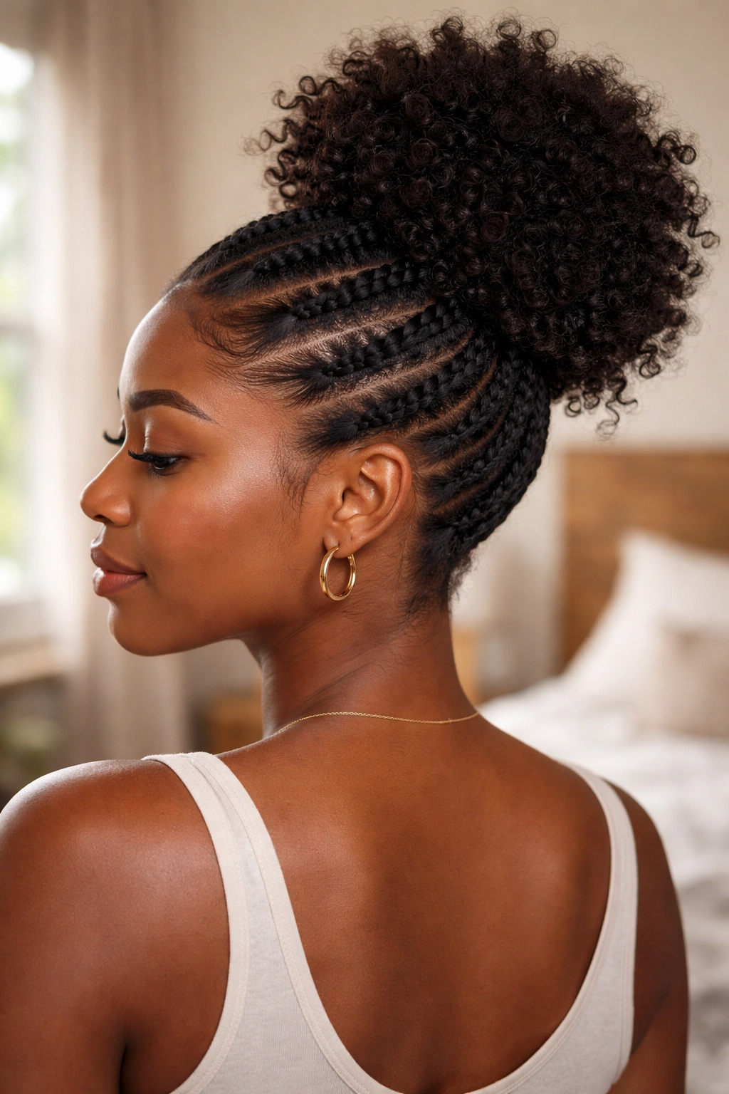Real woman with upturned high puff formed by flat twists