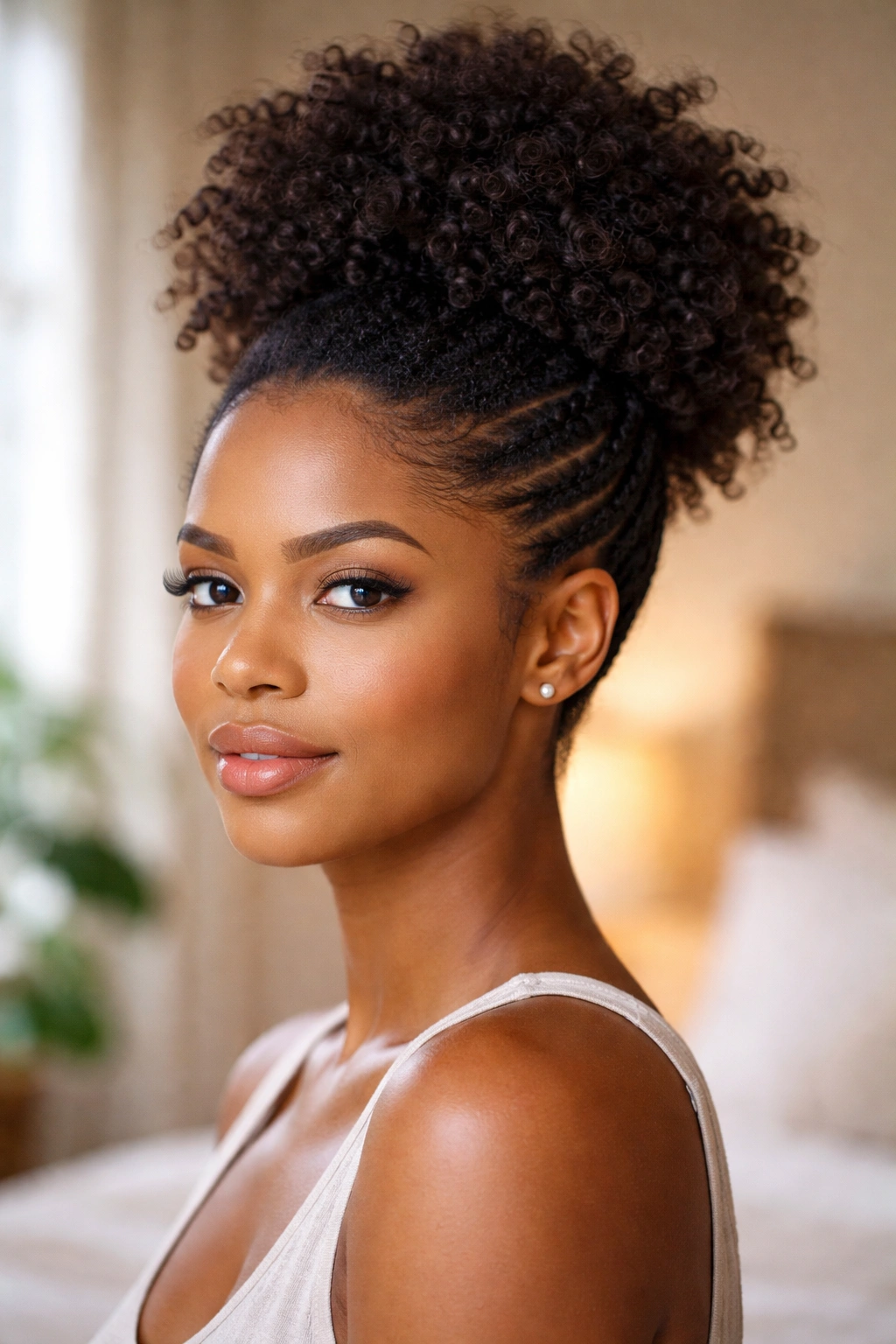 Portrait of a real woman with a high puff and flat twists along the sides