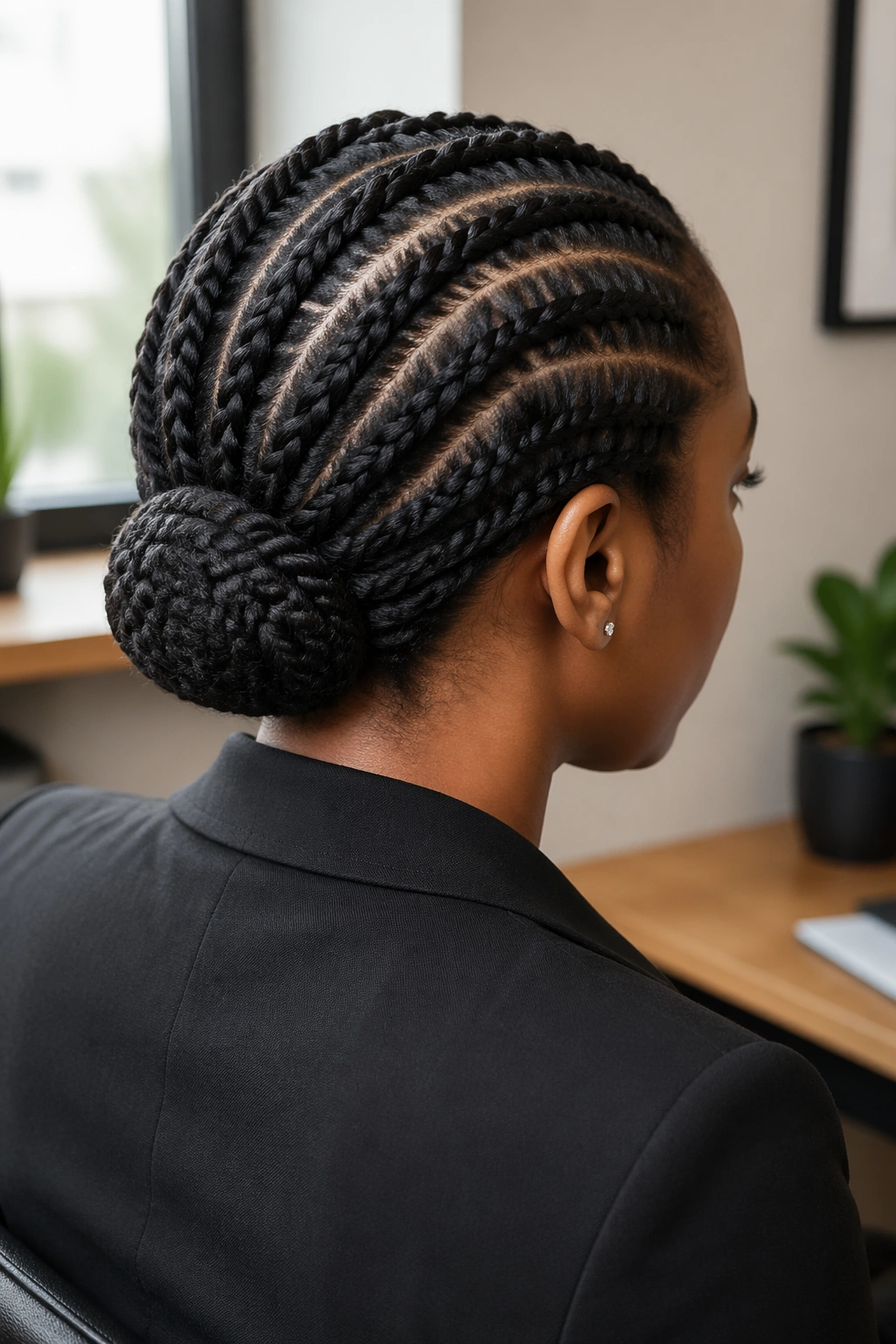 Back view of a real Black woman with flat twists forming a low bun
