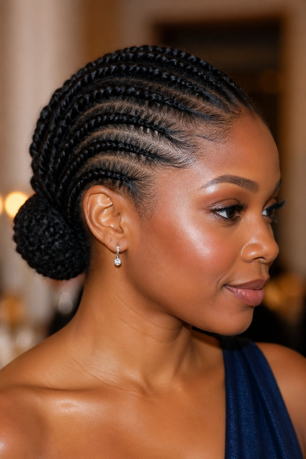 Close-up of a real person with flat twists into a low bun at the nape.