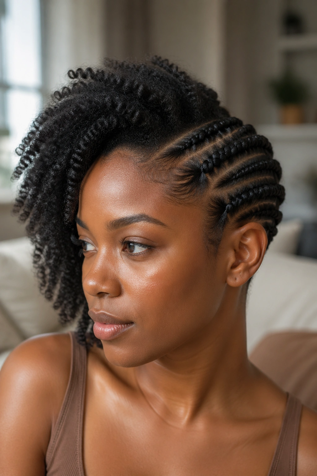 Close-up of a real person with flat twists on one side and natural coils on the other.