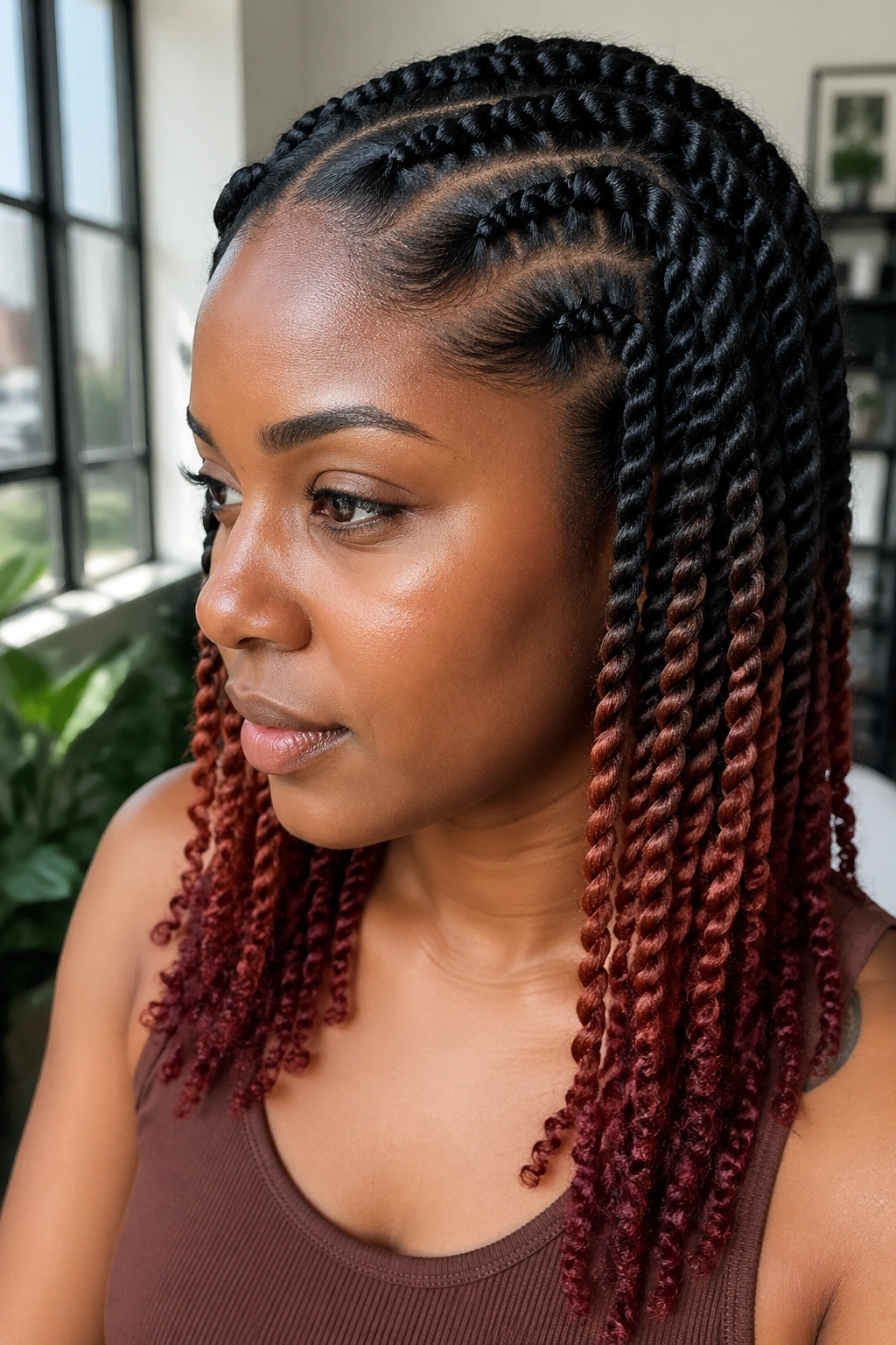 Close-up of flat twists with ombre tips on a real person