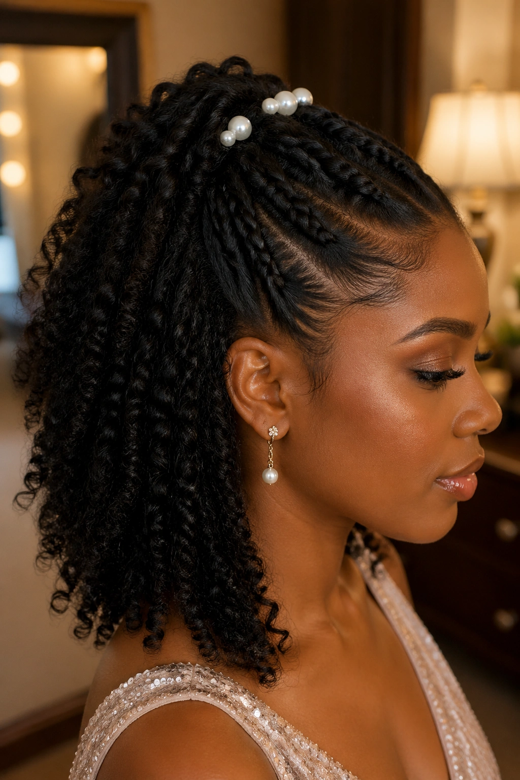 Real woman with polished flat twists and pearl pins in a formal hairstyle