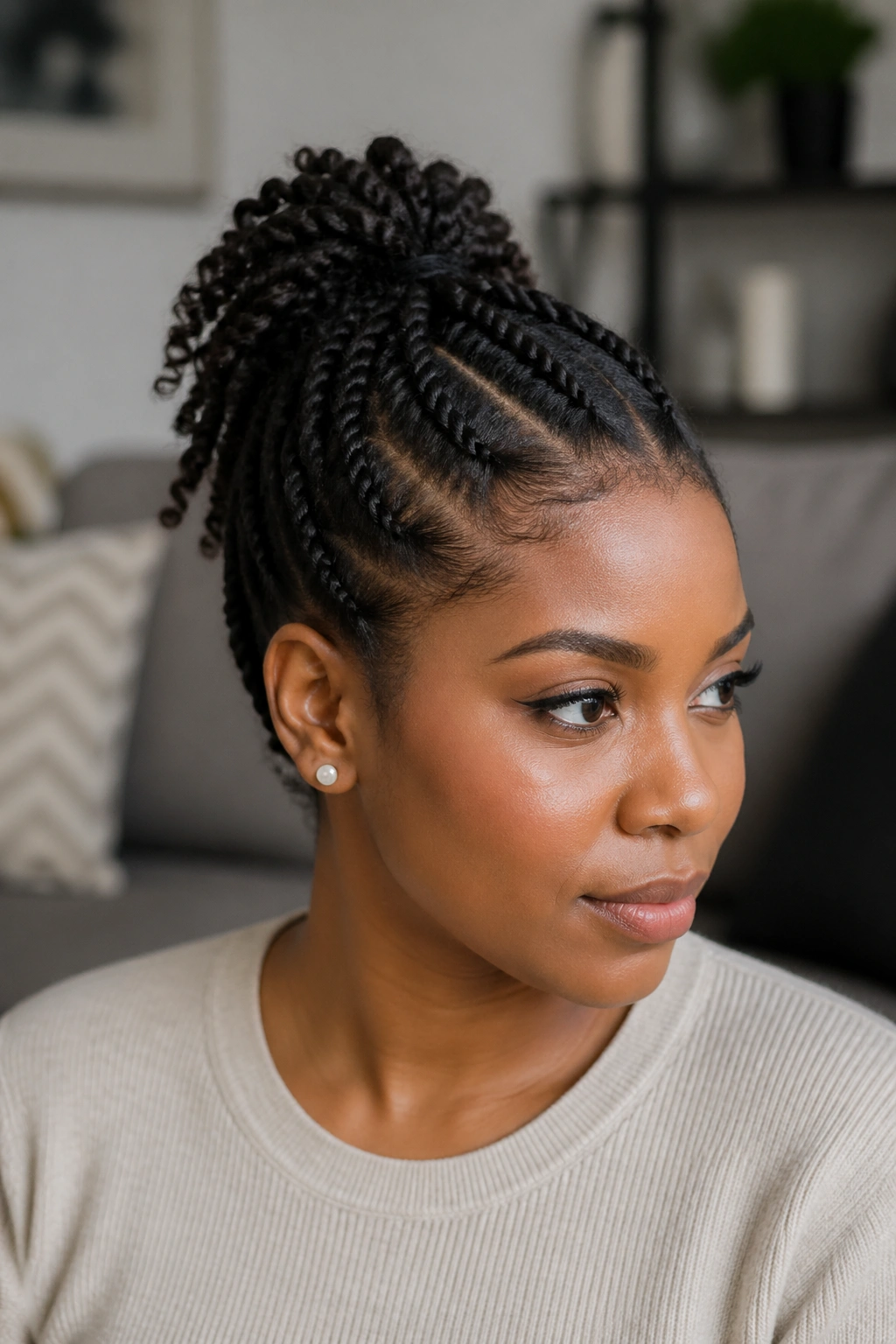 Close-up of a real woman with flat twists forming a crown-anchored pony