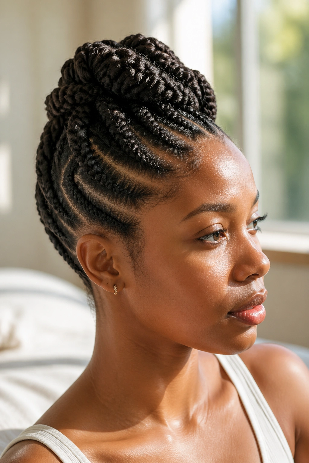 Close-up portrait of a Black woman with flat twist updo