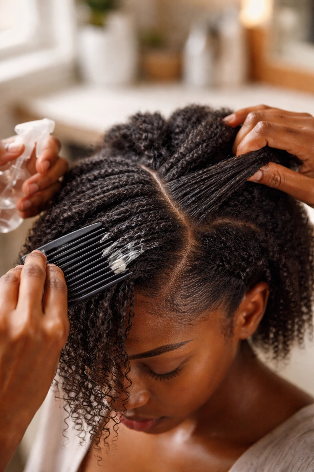 Damp stretched hair prepared for flat twists on a real person