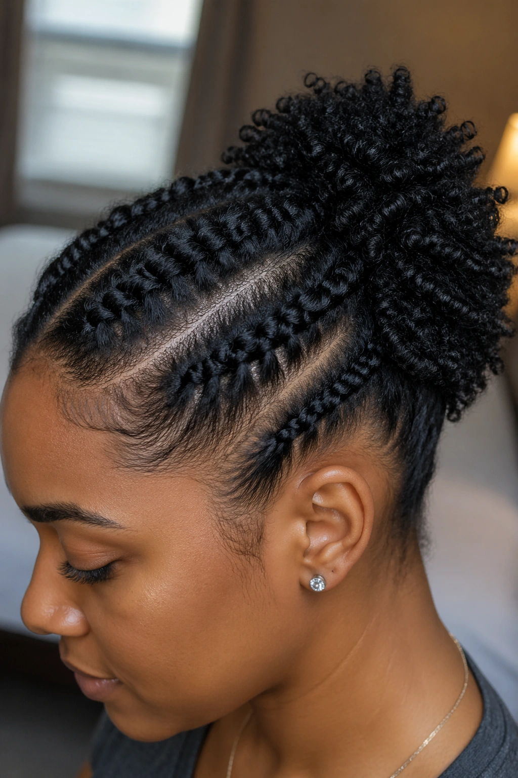 Close-up of a real person with flat twists forming a puff