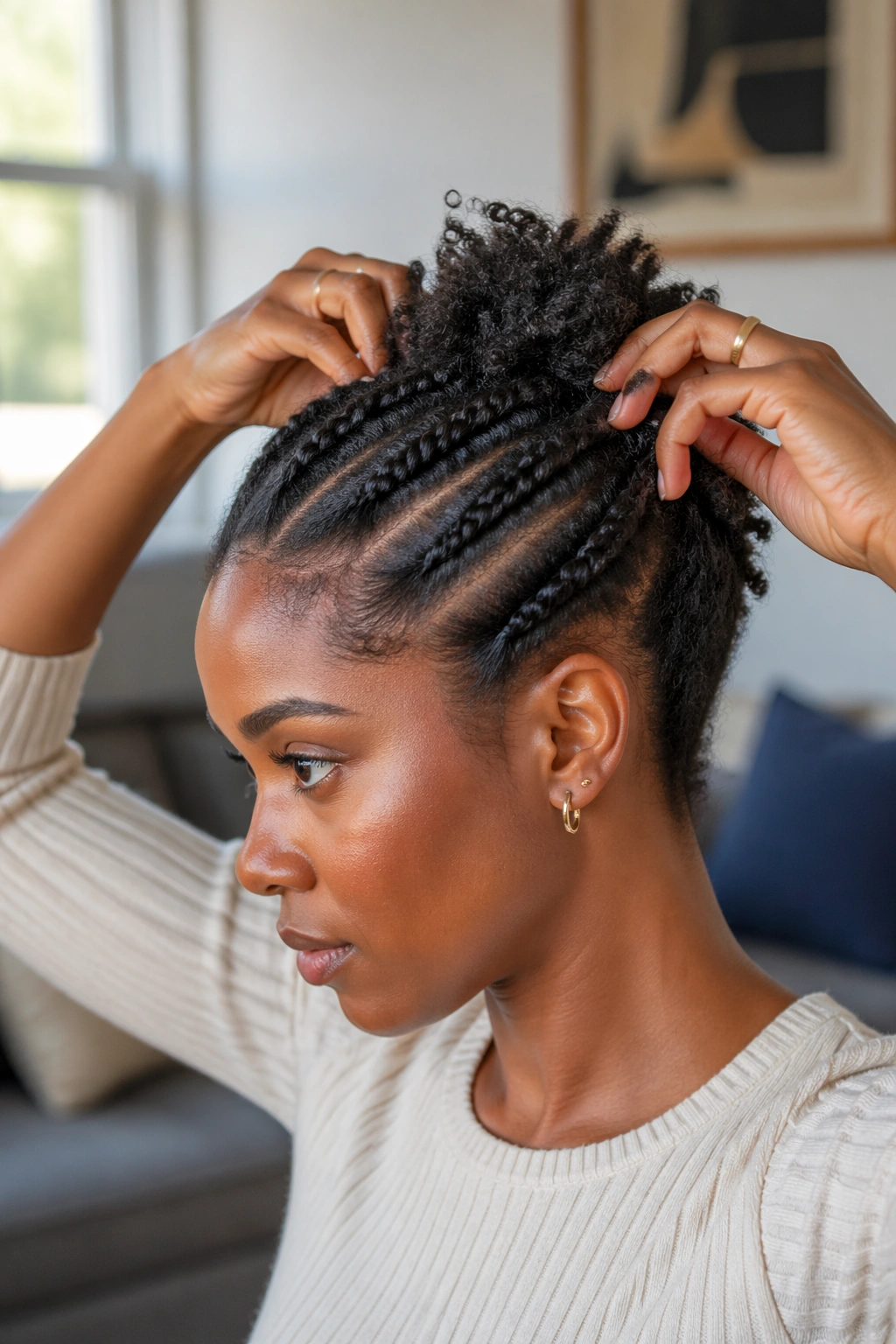 Hands twisting flat twists into a puff in a living room