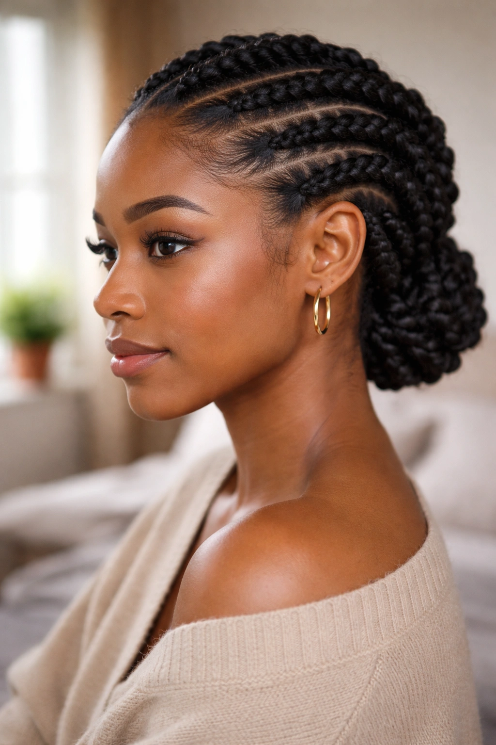 Close-up portrait of a real woman showing flat twists along the scalp in warm natural light