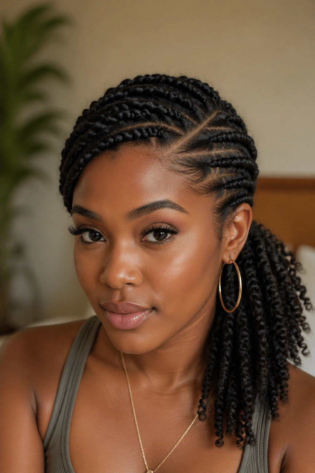 Close-up of a real person with flat twists forming a side ponytail behind one ear.