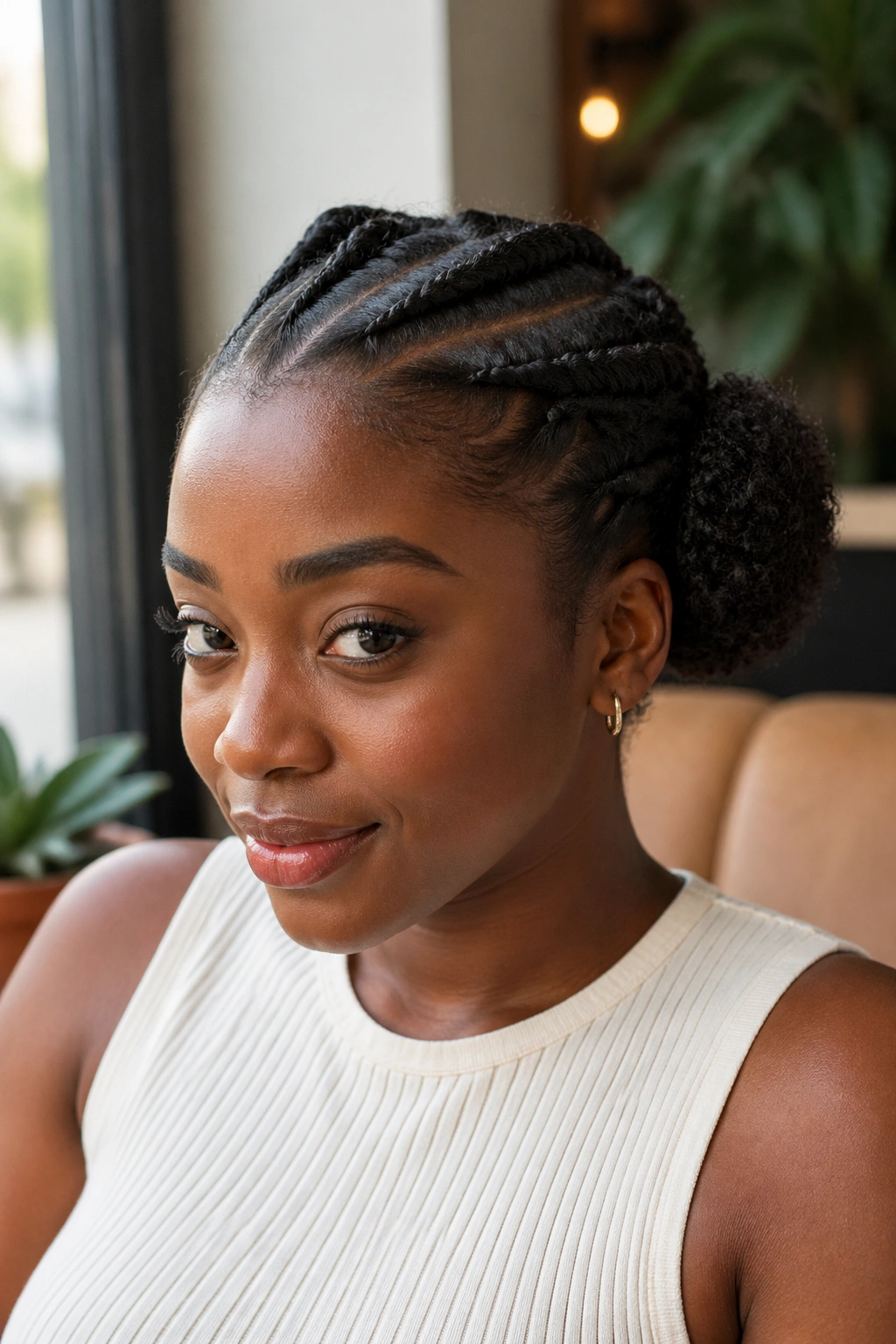 Close-up of a real woman with flat twists forming a side puff