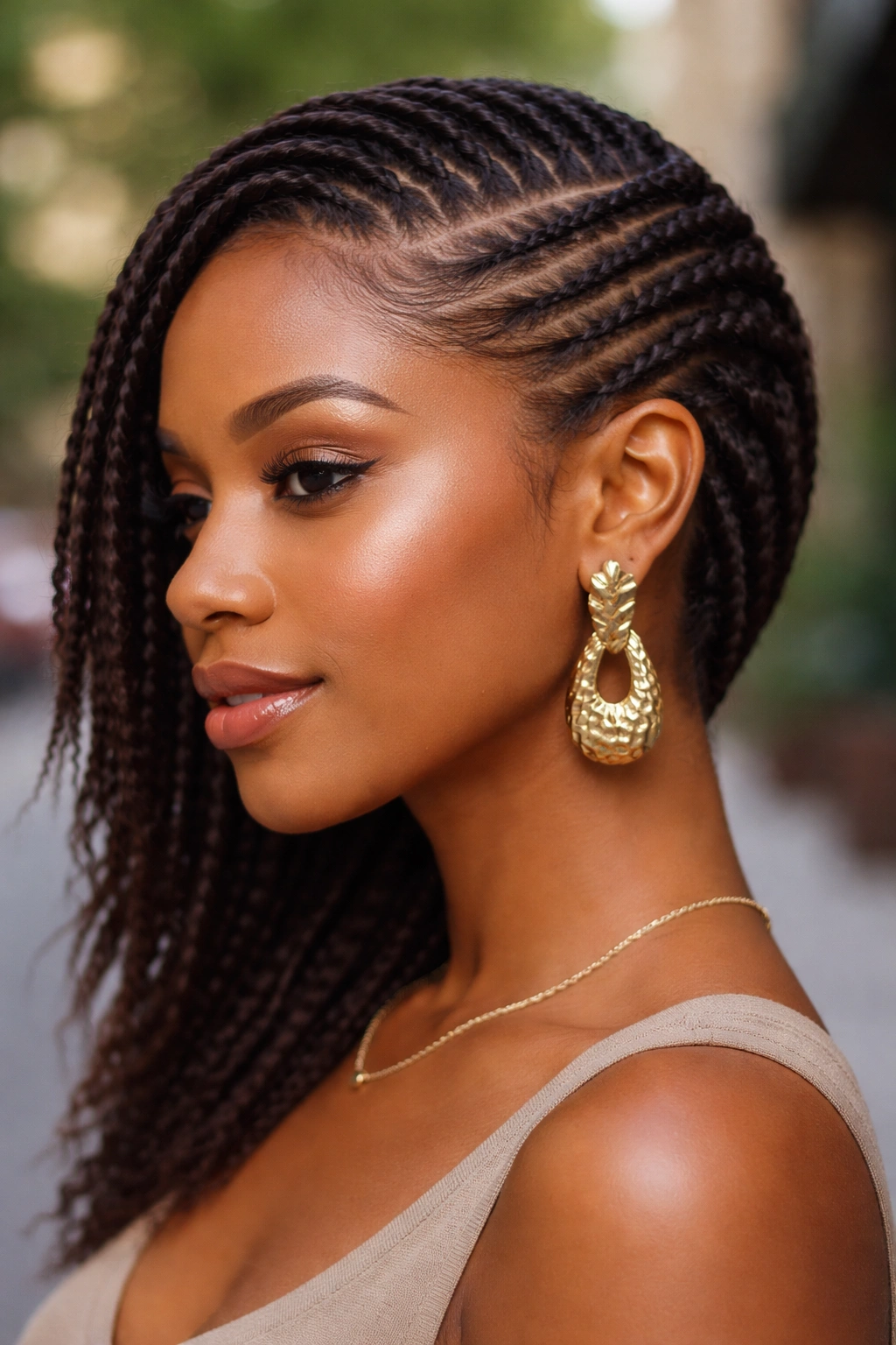 Real woman with side-swept flat twists framing the face