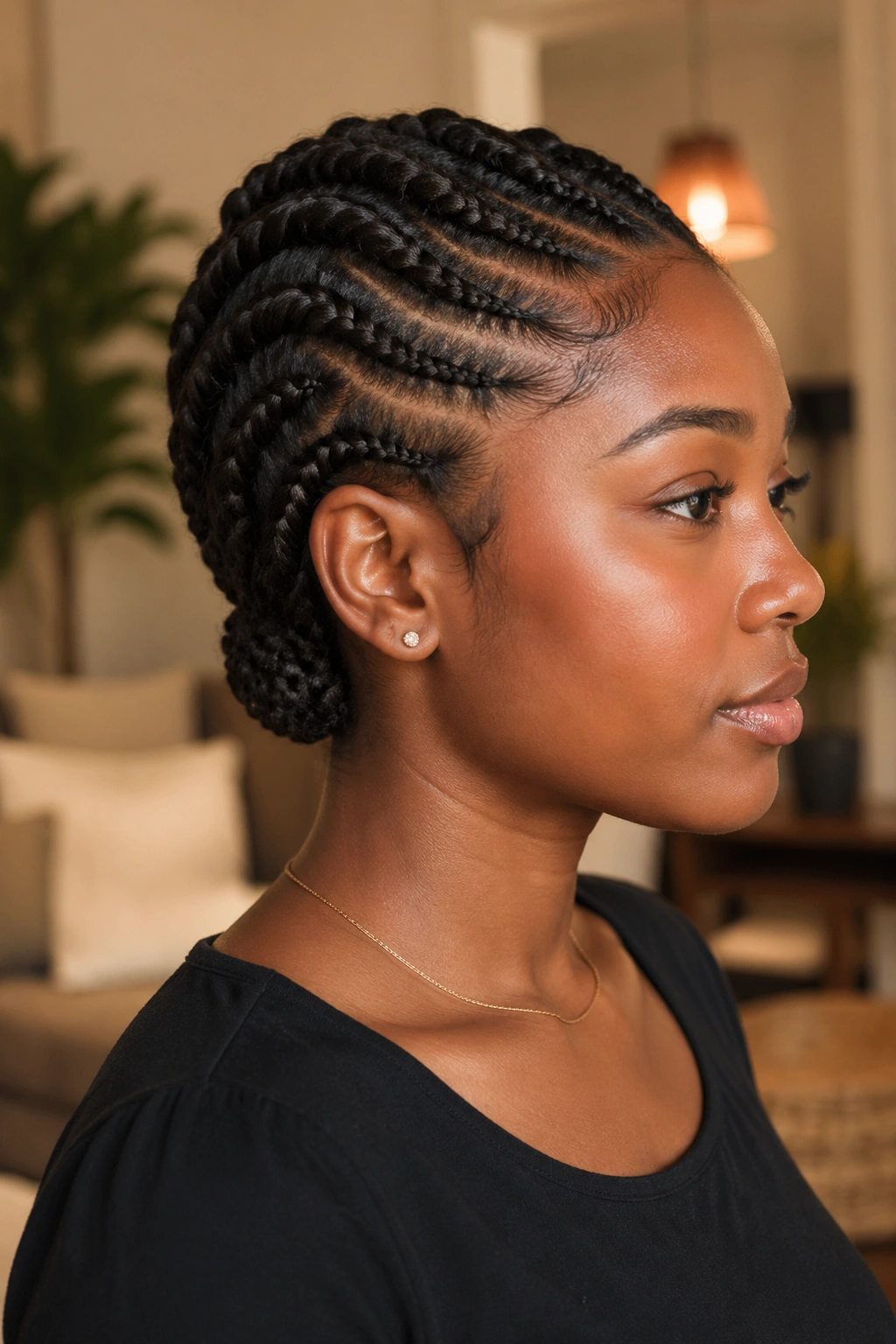 Profile view real woman with flat twists along the sides