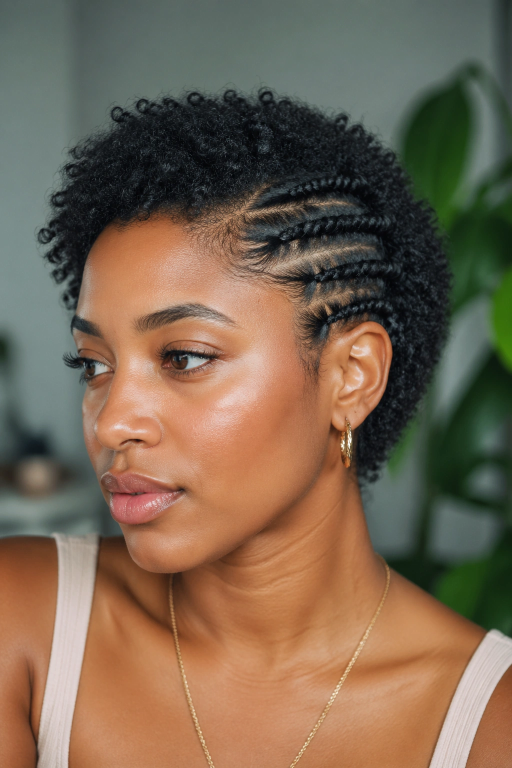 Real person with flat twists along the sides and loose top hair