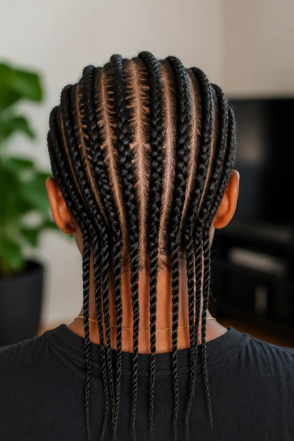 Back view of a real person with straight-back flat twists from hairline to nape