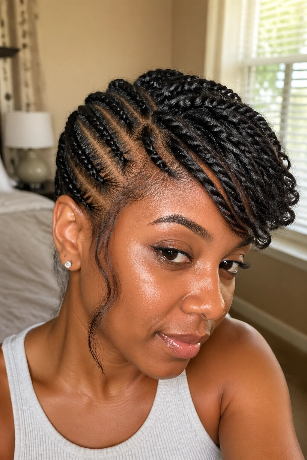 Close-up of flat twists with a swept fringe on a real person