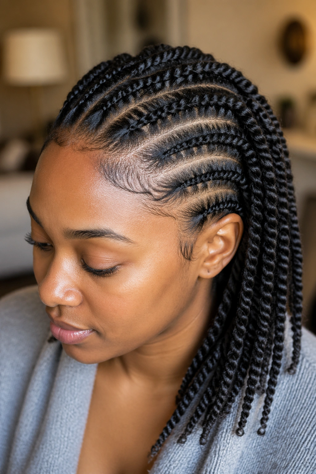 Close-up of flat twists with even, gentle tension at scalp on a real person