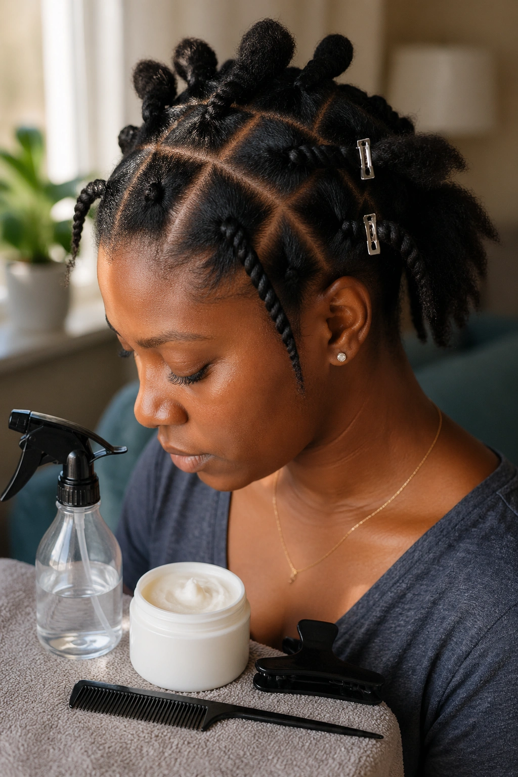 Real person with hair sectioned for flat twists and small clips in hair